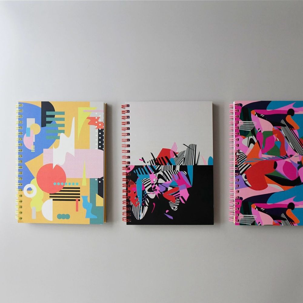 Colorful Japanese graphic art spiral notebooks by See Em Why K from Okinawa, Japan