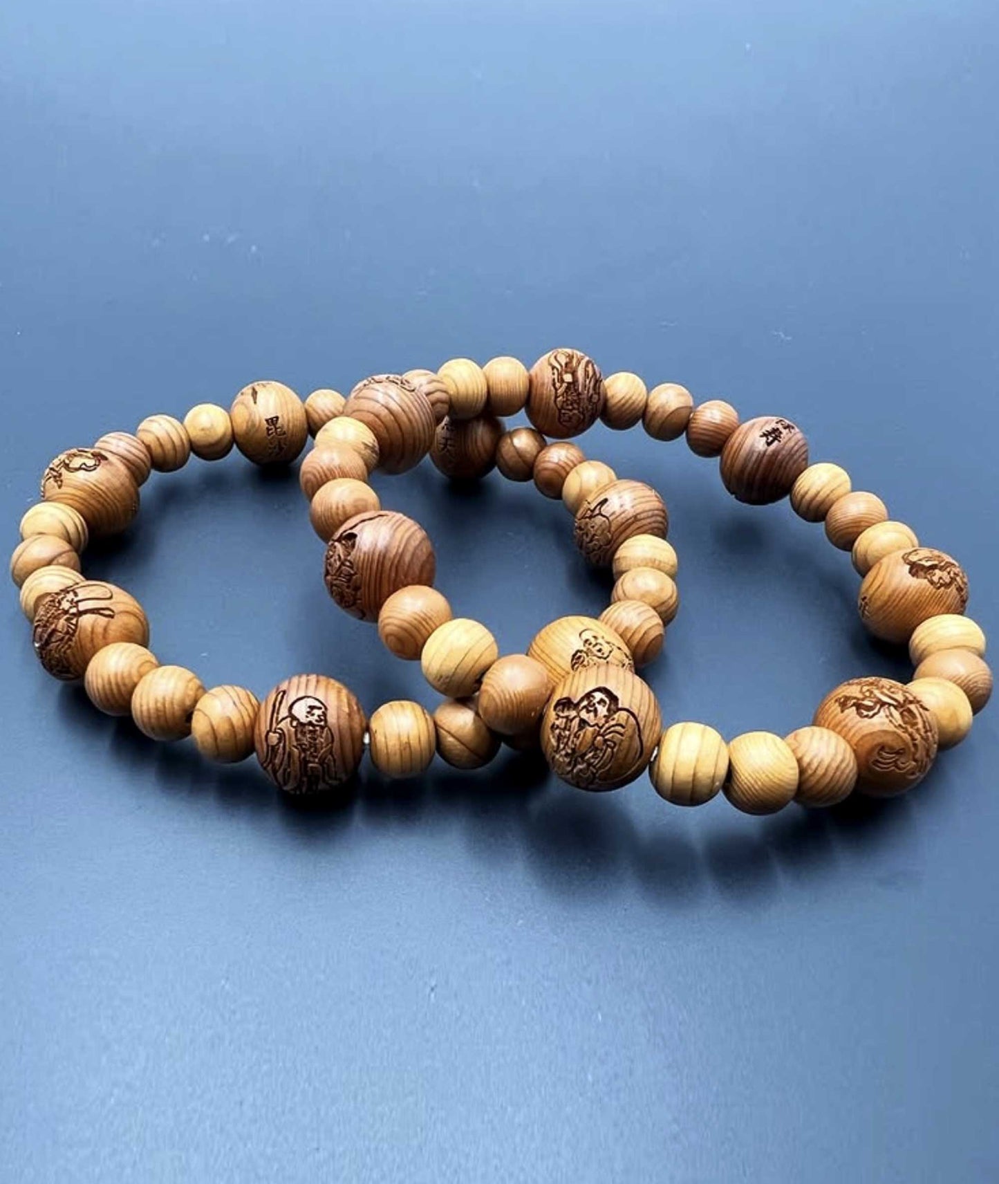 Sandalwood Prayer Bead Bracelet with Hand Carved Seven Lucky Gods - Kanbe Juzu