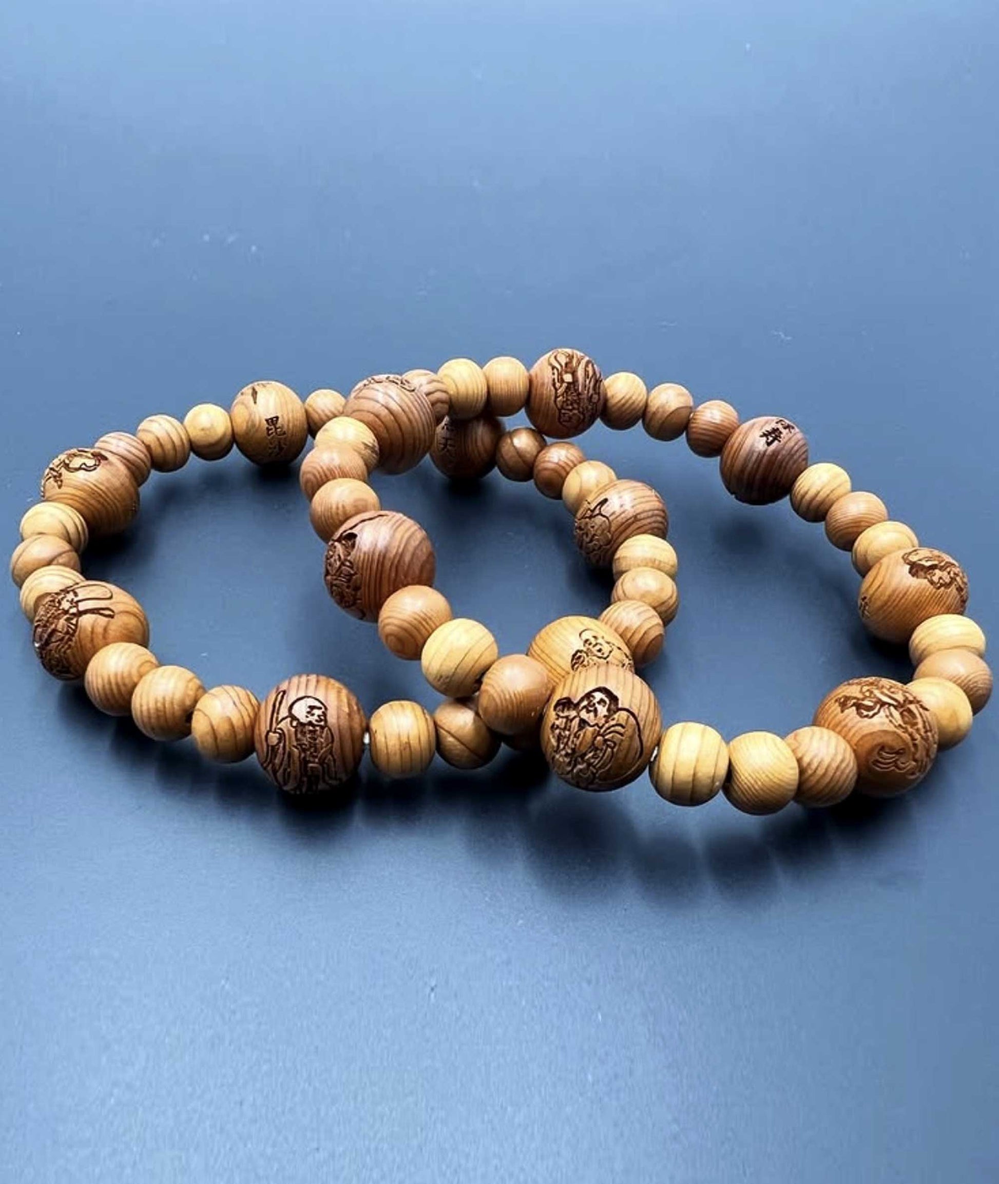 Sandalwood Prayer Bead Bracelet with Hand Carved Seven Lucky Gods - Kanbe Juzu