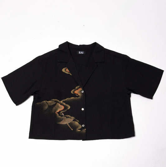 Black Crane Crop Shirt - SAI Japan Vintage
