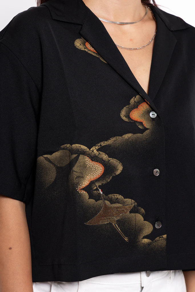 Black Crane Crop Shirt - SAI Japan Vintage