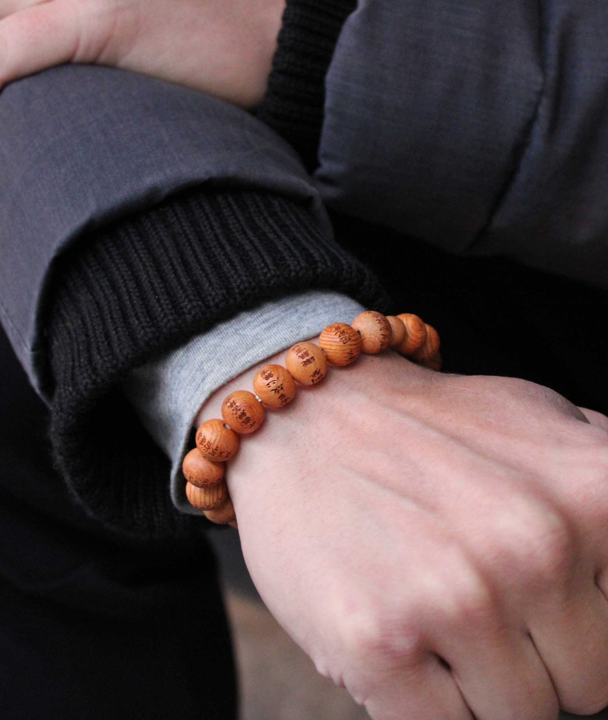 Yakusugi Wood Prayer Bead Bracelet Engraved Heart Sutra - Kanbe Juzu
