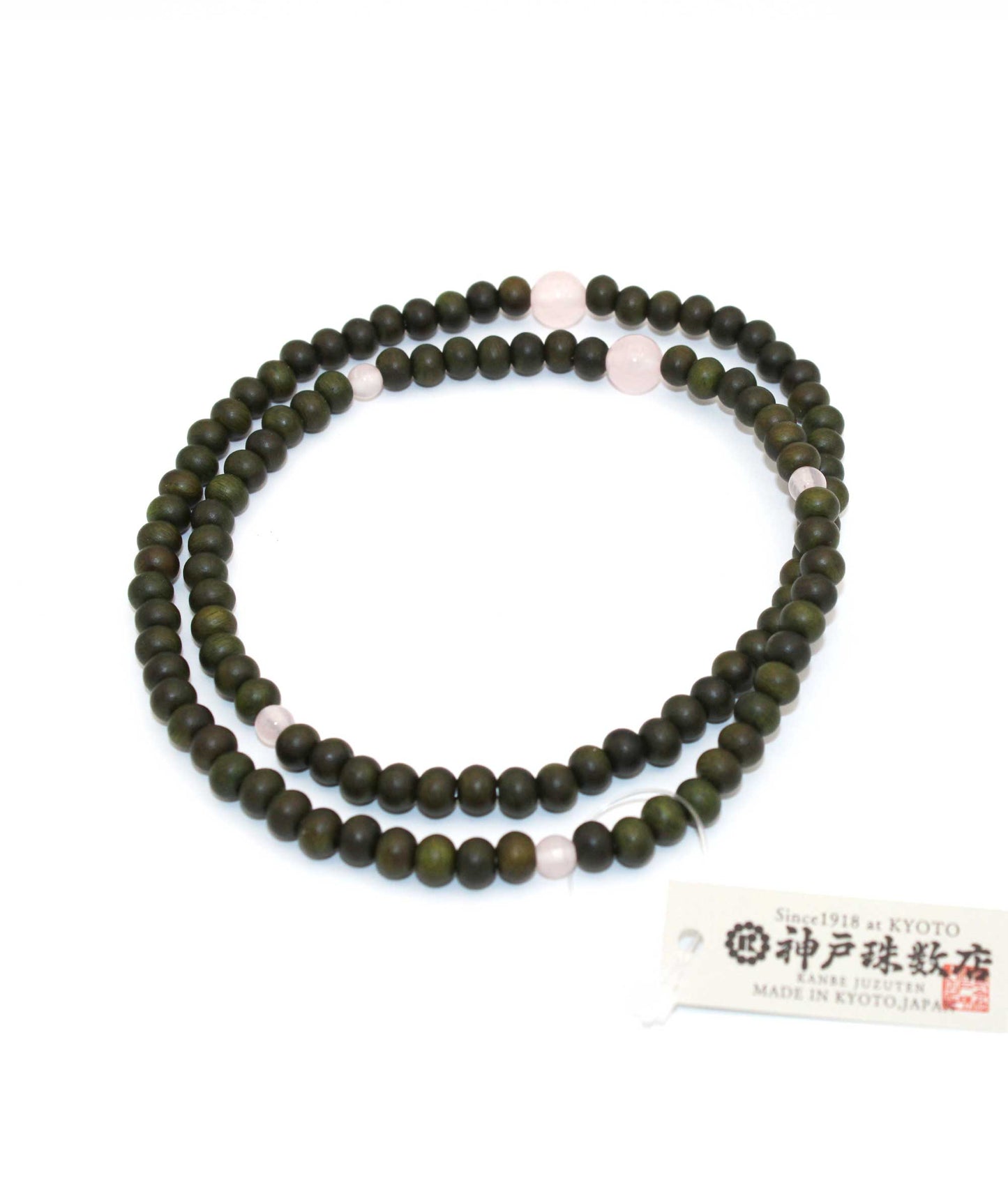 108 Green Sandalwood Tree of Life Bead Bracelet with Rose Quartz - Kanbe Juzu