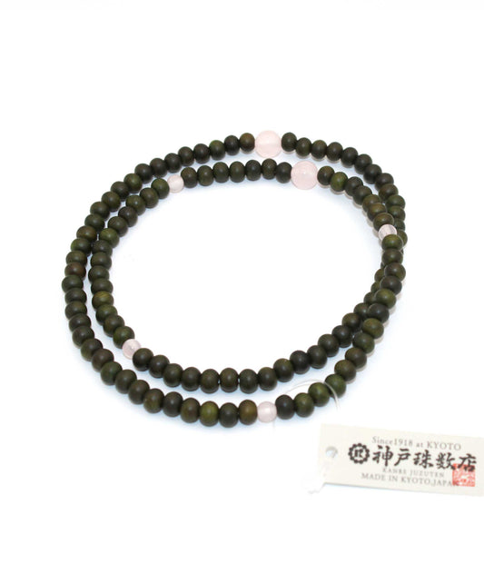 108 Green Sandalwood Tree of Life Bead Bracelet with Rose Quartz - Kanbe Juzu
