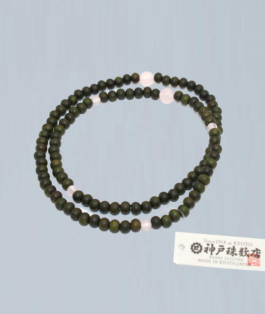 108 Green Sandalwood Tree of Life Bead Bracelet with Rose Quartz - Kyoto Kanbe Juzu - Kyoto Kanbe Juzu